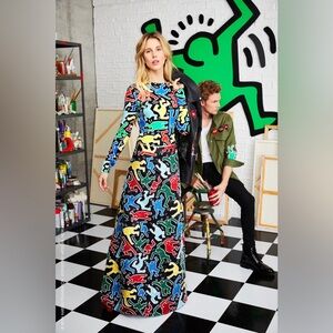 💫NWT💫Alice Olivia x Keith Haring Black Satin Beaded Sequin Maxi Skirt Dancing 10